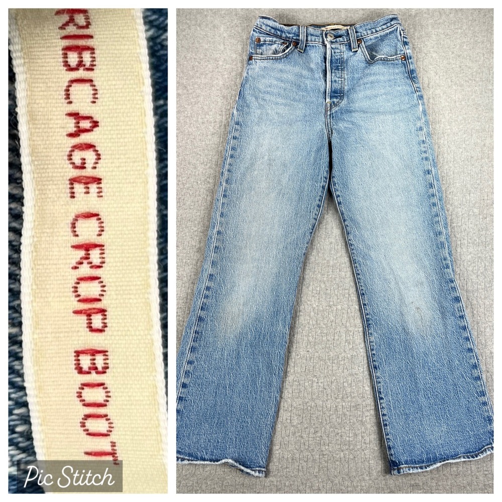 Levi Premium Ribcage‎ Crop Bootcut Jeans Women 25/24X26 Blue High Rise Raw Hem